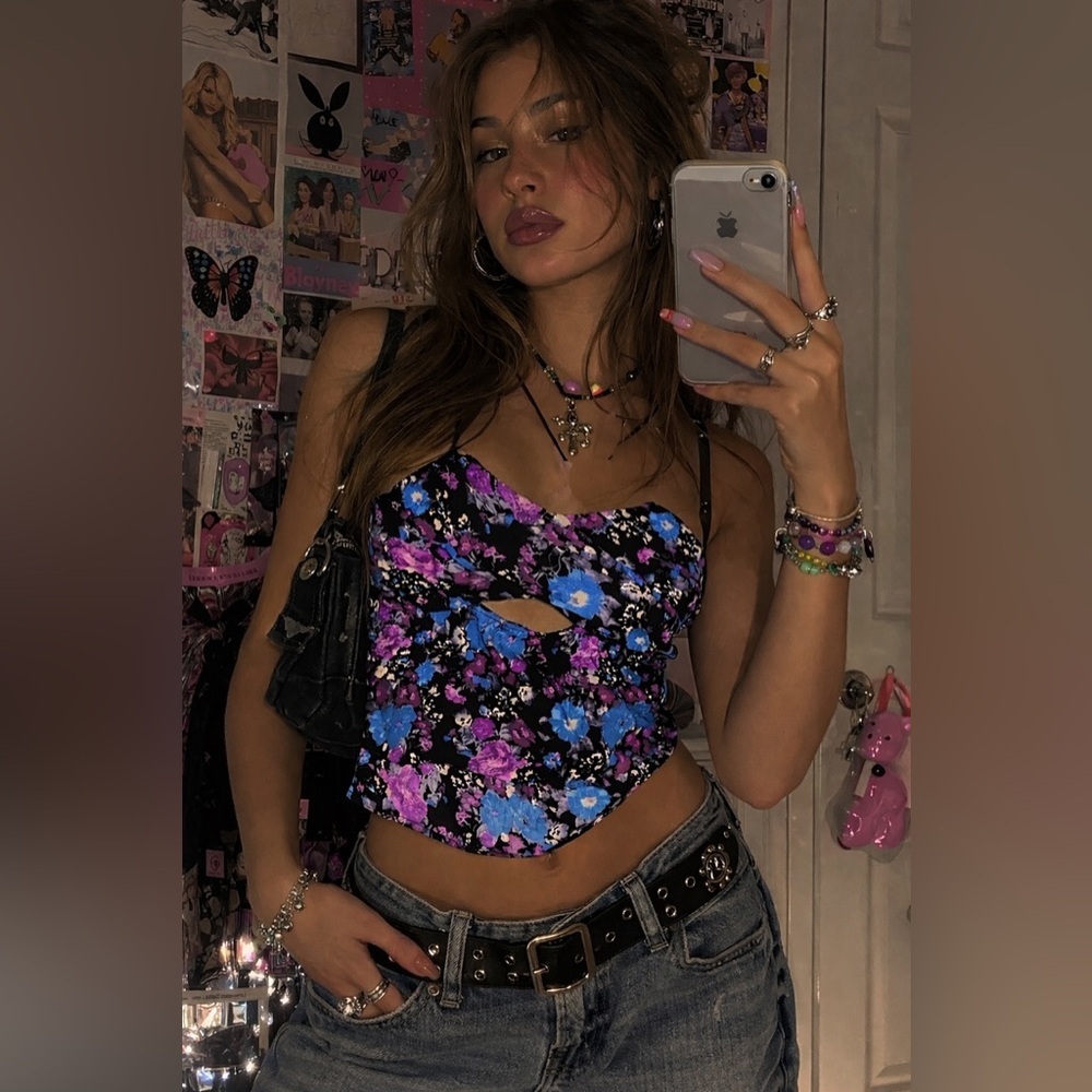 Free People Black and Blue Floral Top